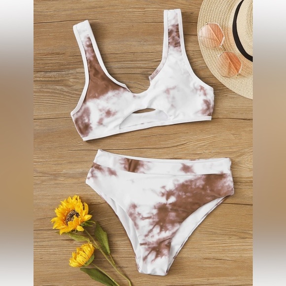 Brand New Tie Dye High Waisted Bikini Set White Brown 2-Piece Swimwear Bra Cups - Picture 1 of 16